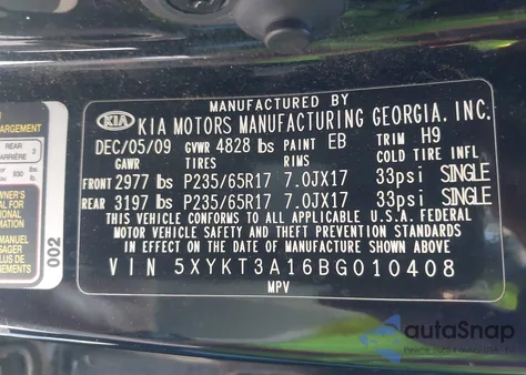 2011 Kia Sorento from USA, damaged, VIN 5XYKT3A16BG010408